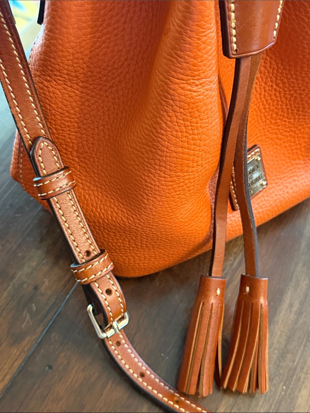 Dooney & Bourke Orange Pebbled Leather Drawstring Shoulder Bag - Picture 4 of 8